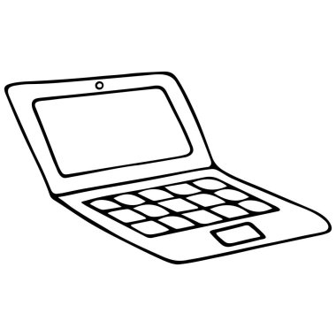 Dizüstü bilgisayar. Robot resim. Vektör çizimi. İzole edilmiş bir arkaplanda özet geç. Doodle tarzı. Çalışmak ya da çalışmak için taşınabilir kişisel bilgisayar. Metni ekrana yerleştir. Elektronik cihaz. Akıllı teknoloji.