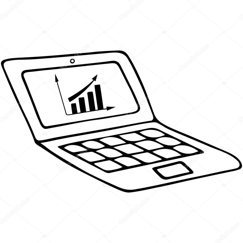 A laptop for work or study. Portable personal computer. Electronic device. Vector illustration. Contour on an isolated background. Doodle style. Sketch. On-screen financial growth graph. Business.