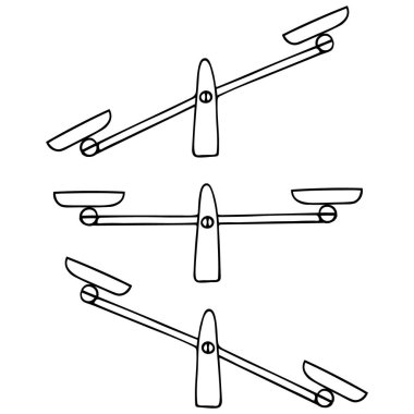 Karşılaştırma terazisi. Denge ve dengesizlik durumu. Çözümleri tartmak için bir araç. Bir dizi vektör çizimleri. Tecrit edilmiş bir arka plan. Doodle tarzı. Robot resim. - Adalet. Seçim yapmada yardım.