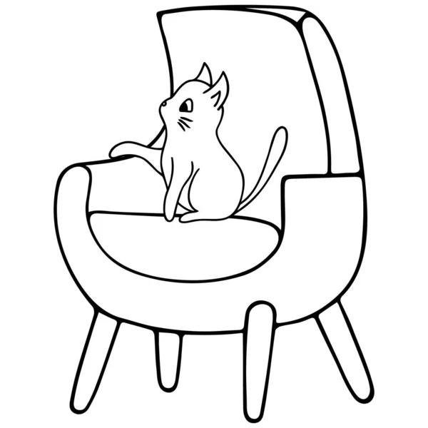 Křesle Sedí Koťátko Zvíře Prvek Interiéru Vektorová Ilustrace Stylu Čmáranice — Stockový vektor