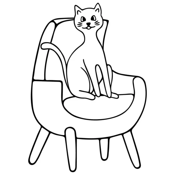 Kočka Sedí Židli Zvíře Vektorová Ilustrace Stylu Čmáranice Obrys Izolovaném — Stockový vektor