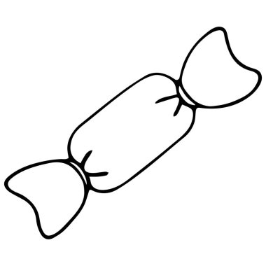 Pakette şeker var. Çikolatalı şeker. Beyin aktivitesini sürdürmek ve ruh halini iyileştirmek için tatlılık. Vektör çizimi. İzole edilmiş beyaz bir arka plan. Doodle tarzı. Robot resim. Çocuklar için boyama kitabı. Web tasarımı için resimleme fikri, kitap.