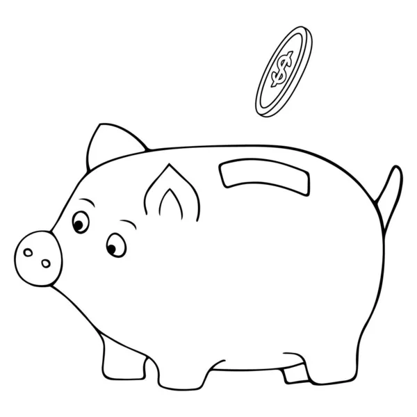 Domuz yavrusu. Çukura bir dolar düşüyor. Vektör çizimi. İzole edilmiş beyaz bir arka plan. Doodle tarzı. Robot resim. Çocuklar için boyama kitabı. Finans birikimi. Para için güvenli oyuncaklar..