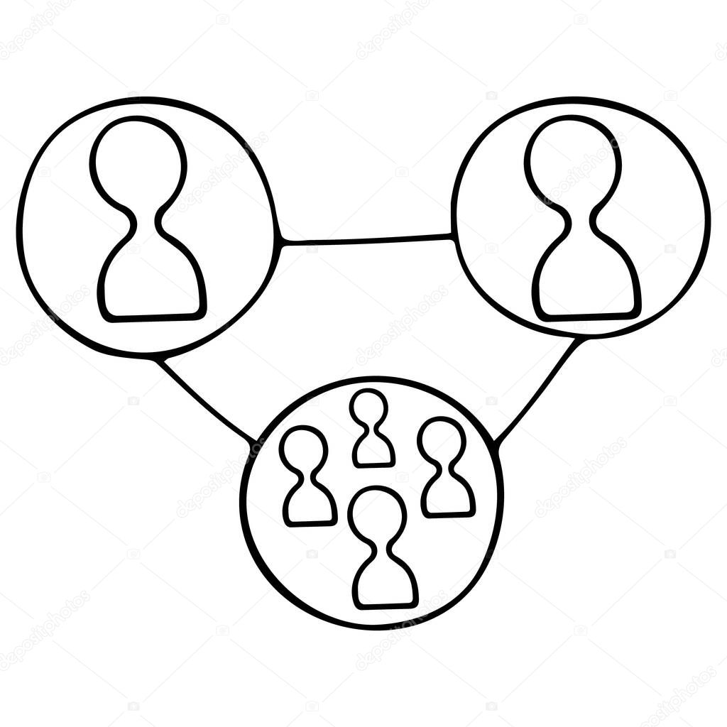 Human resources. A group of people. Online conference. Vector icons. Contour on an isolated white background. Doodle style. Sketch. Management and cooperation. Business meeting. Teamwork.