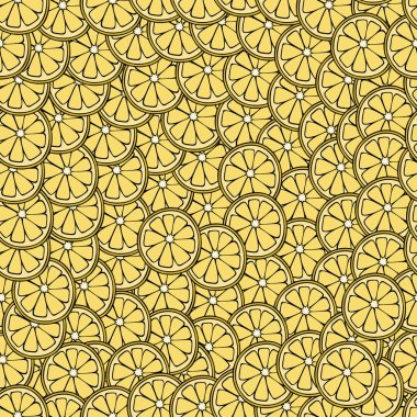 Kokteyl yapmak için daire şeklinde limon dilimleri. Kusursuz vektör deseni. Citrus meyvesi, izole bir zemin üzerinde C vitamini içerir. Çizgi film tarzı. Web tasarımı için fikir, menü, fiyat, kartvizit.