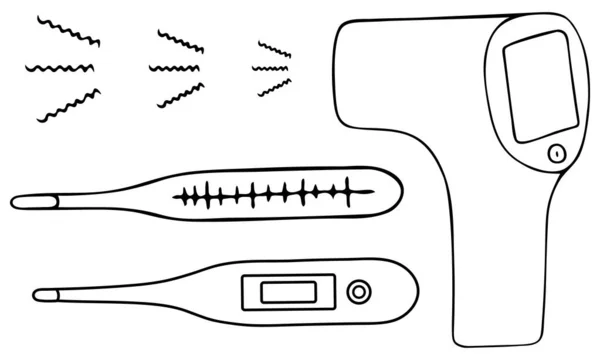 Temperaturmätning Termometerkvicksilver Elektroniskt Infrarött Vektor Inställd Medicinska Verktyg För Att — Stock vektor