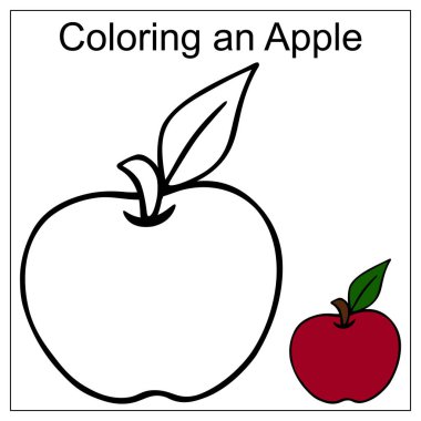 Elma. Yapraklı lezzetli meyve. Örnek olarak renk. Vektör çizimi. Beyaz izole edilmiş arka plan. Çocuklar için boyama kitabı. İllüstrasyon geliştiriyorum. Taze diyet ürünü. Hasat. Mevsimlik ürün. Organik ürün. Vejetaryen yemeği.