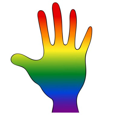 LGBT gökkuşağı bayrak sembollü avuç içi. Vektör çizimi. İzole edilmiş beyaz bir arkaplanda altı renk bulunur. Gurur ve açıklığın kişileştirilmesi. Uluslararası sembol. Web tasarımı için fikir, etiket.