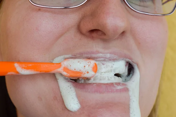 Brushing Your Teeth Close Photo Toothbrush Paste Lots Foam Your — Stock Photo, Image