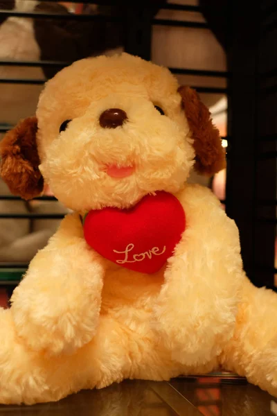 Little Dog Doll Love Red Heart — Stock Photo, Image