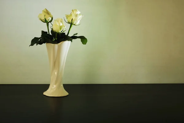 Três Rosas Brancas Vaso Sobre Fundo Branco — Fotografia de Stock