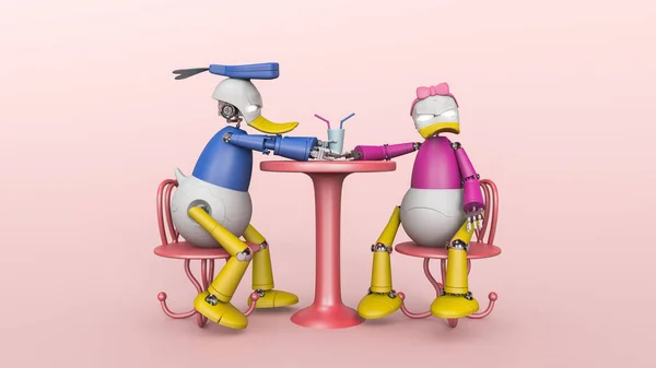 3d ilustración feliz robot pareja en el amor en la cafetería bebiendo a mi — Foto de Stock