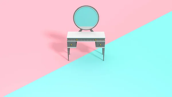 Деревянный Зеркальный Туалетный Столик Двумя Цветными Фоновыми Иллюстрациями — стоковое фото