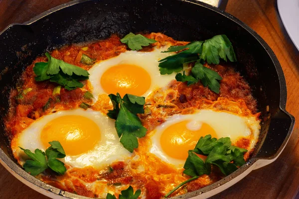 Sıcak Shakshuka domateslerinde tatlı biberli yumurtalarda ve otlarda