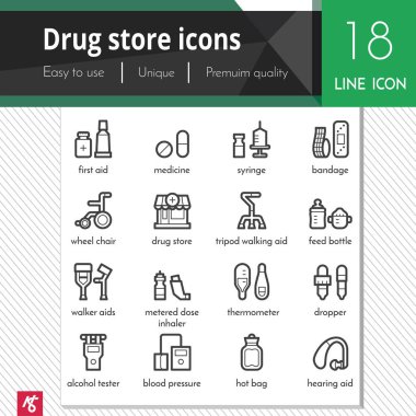 Drug store element vector black icons set on white background. Premium quality outline symbol collection. Stroke vector logo concept, web graphics. clipart