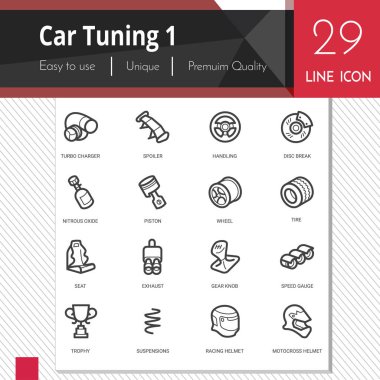 Araba tuning öğeler vektör simgeler 1 beyaz arka plan üzerinde ayarlayın. Premium Kalite anahat simgesi derleme. Kontur vektör logo kavramı, web grafikleri.