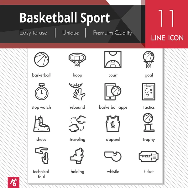 Kosárlabda sport elemek beállítása, fehér alapon fekete ikonok vektoros. Prémium minőségű tagolási szimbólum gyűjtemény. Stroke vektor logo fogalom, web grafika. — Stock Vector