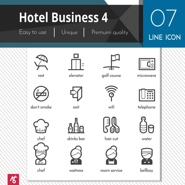 A Hotel üzleti elemek 4 fekete vektoros ikonok meg fehér háttér. Prémium minőségű tagolási szimbólum gyűjtemény. Stroke vektor logo fogalom, web grafika. — Stock Vector
