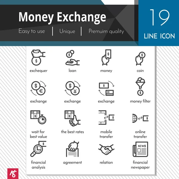 Elemento de intercambio de dinero vector negro iconos establecidos sobre fondo blanco. Colección de símbolos de contorno de calidad premium. Concepto de logotipo de vector de trazo, gráficos web . Vectores de stock libres de derechos