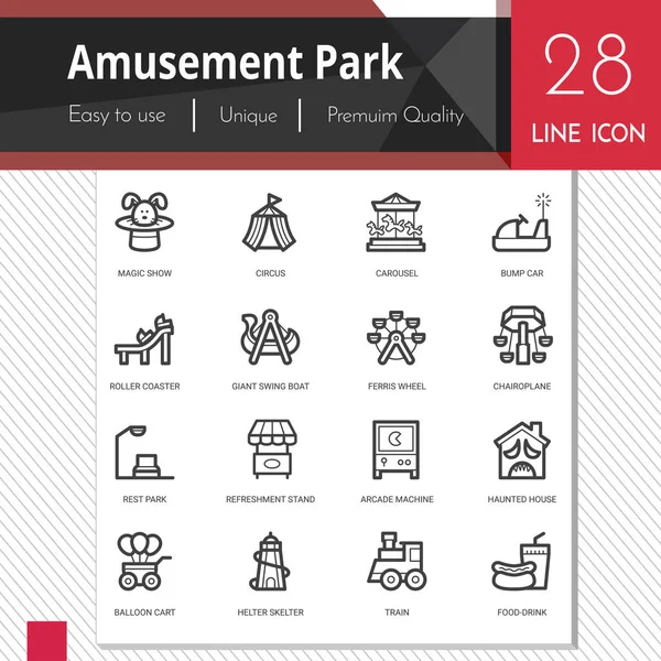 Elementos del parque de atracciones iconos vectoriales establecidos sobre fondo blanco. Colección de símbolos de contorno de calidad premium. Concepto de logotipo de vector de trazo, gráficos web . Ilustración de stock