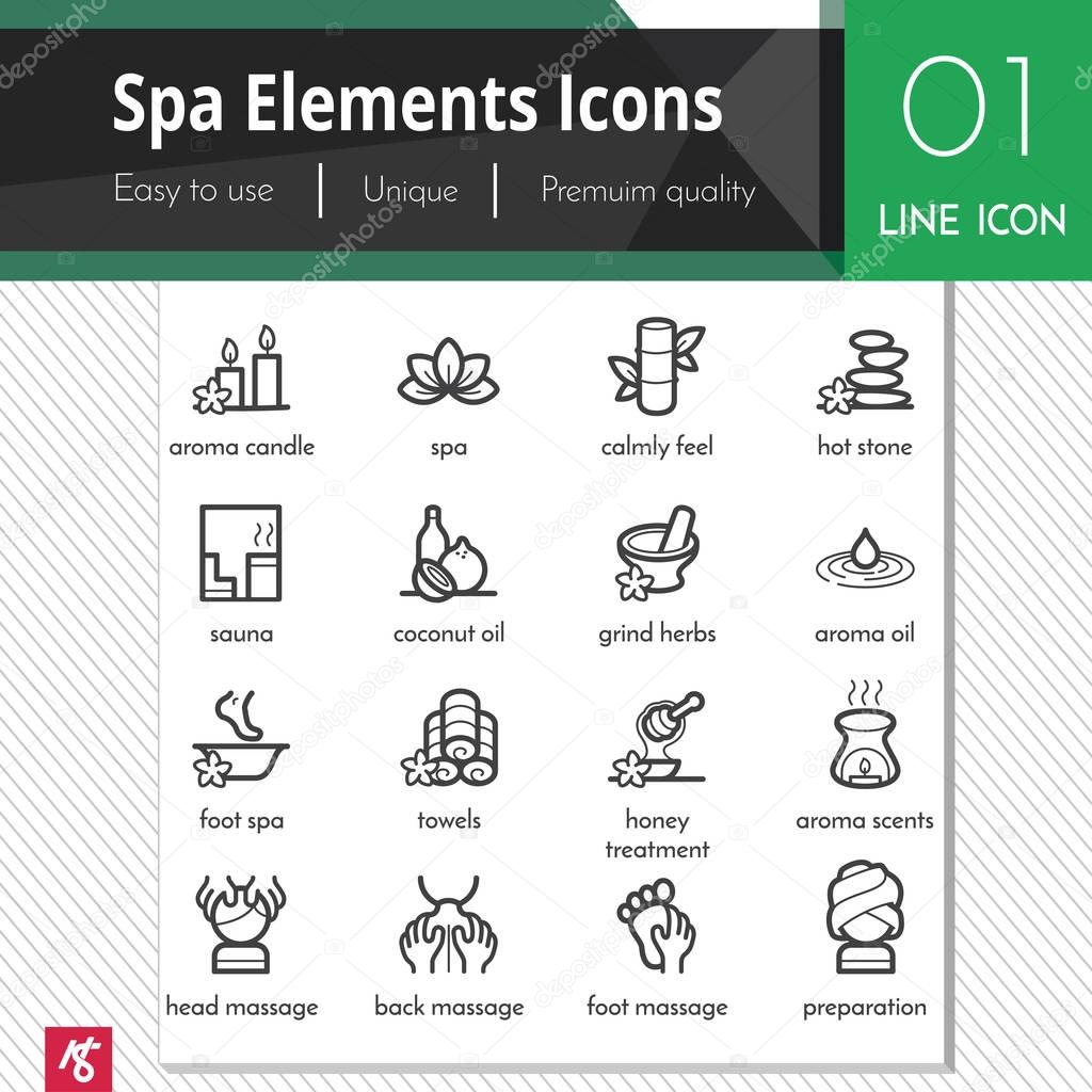 Spa Massage elements vector black icons set on white background. Premium quality outline symbol collection. Stroke vector logo concept, web graphics.