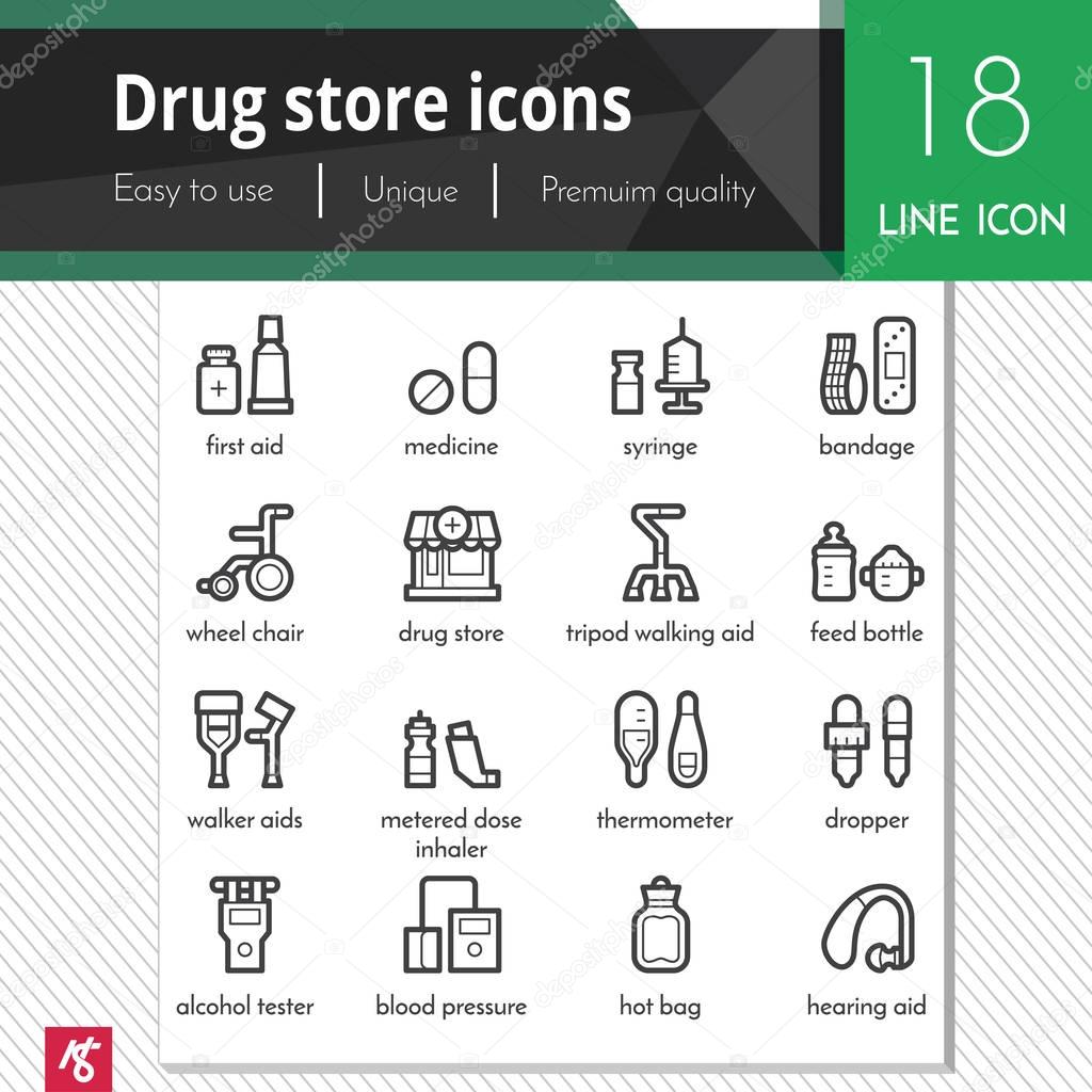 Drug store element vector black icons set on white background. Premium quality outline symbol collection. Stroke vector logo concept, web graphics.