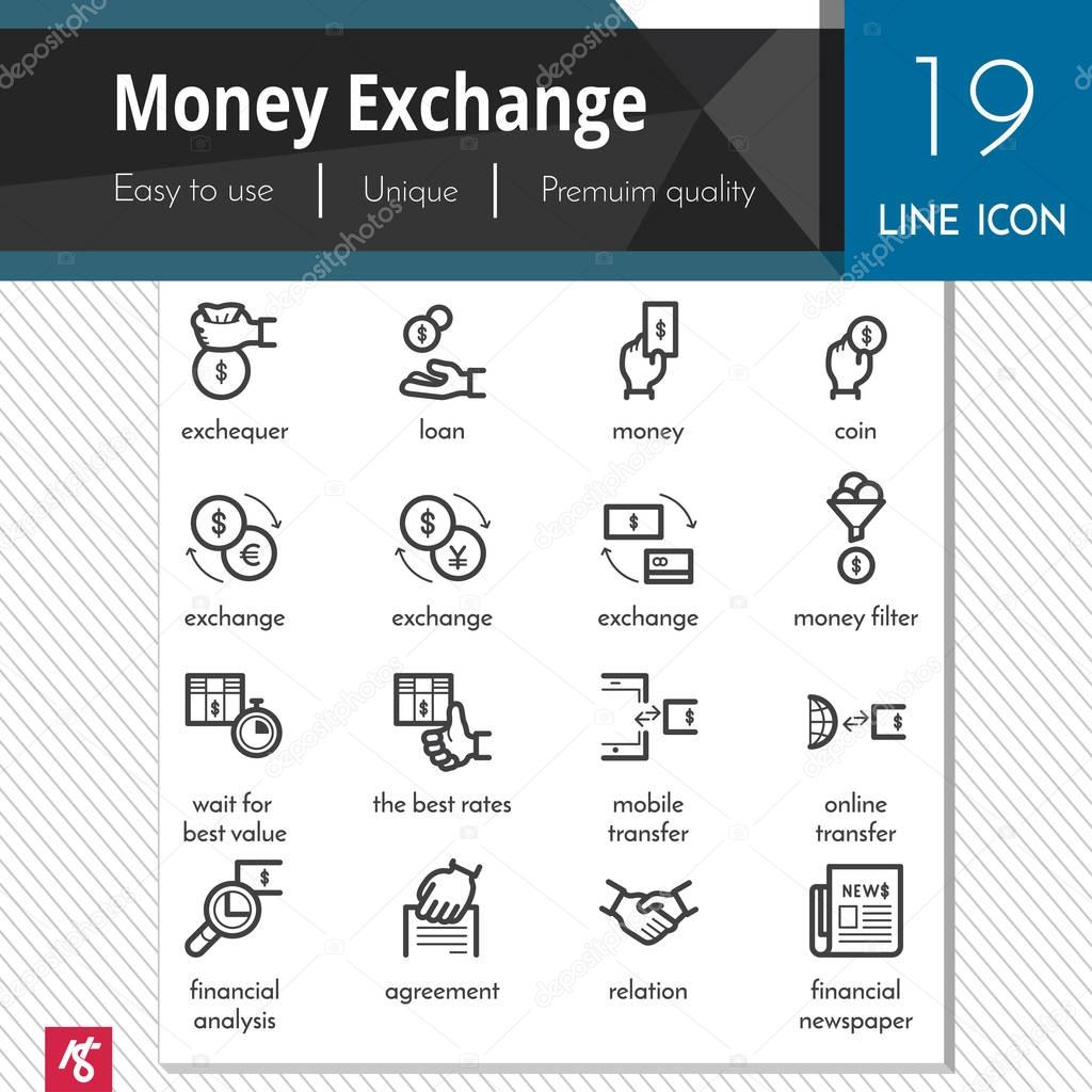 Money exchange element vector black icons set on white background. Premium quality outline symbol collection. Stroke vector logo concept, web graphics.