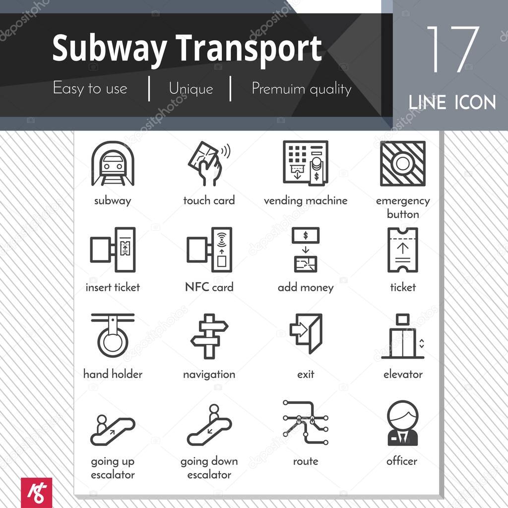 Subway transportation element vector black icons set on white background. Premium quality outline symbol collection. Stroke vector logo concept, web graphics.
