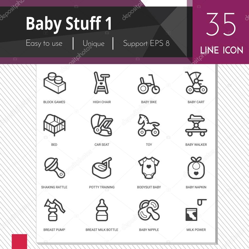 Baby stuff elements vector icons set 1 on white background.  Premium quality outline symbol collection. Stroke vector logo concept, web graphics.