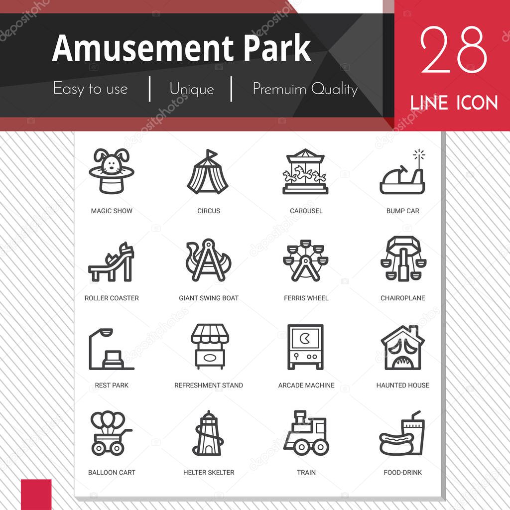 Amusement park elements vector icons set on white background.  Premium quality outline symbol collection. Stroke vector logo concept, web graphics.
