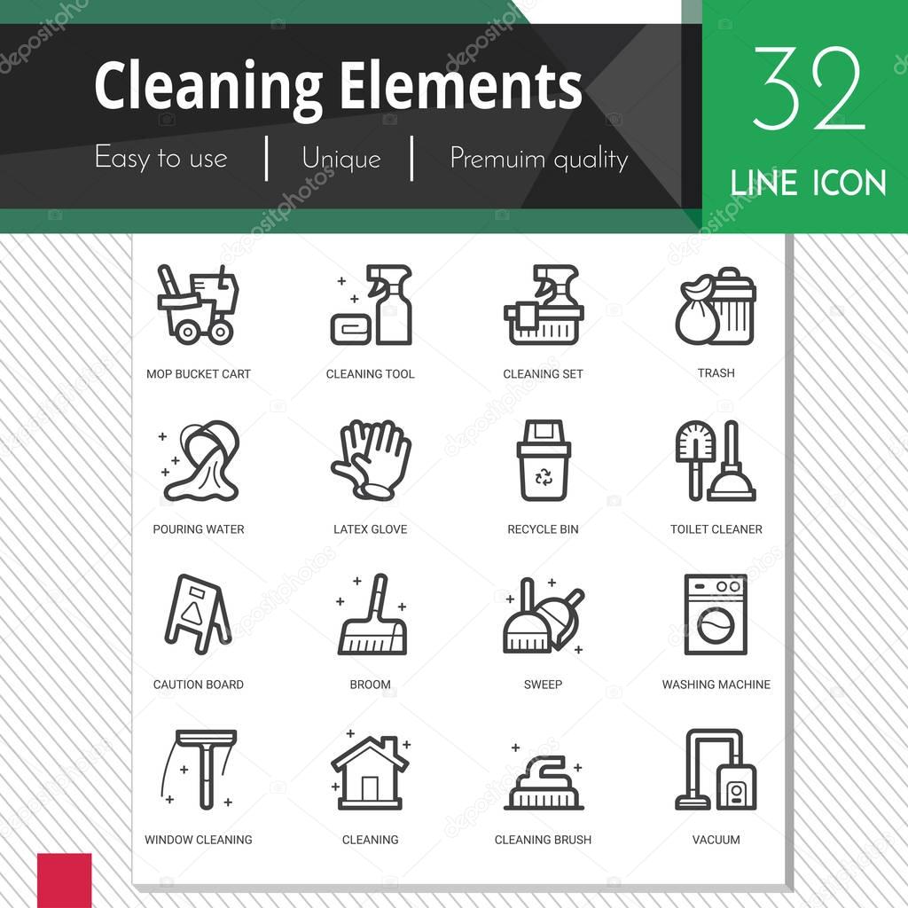 Cleaning elements vector icons set on white background.  Premium quality outline symbol collection. Stroke vector logo concept, web graphics.
