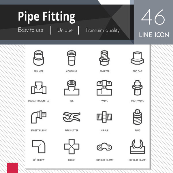 Pipe fitting elements vector icons set on white background.  Premium quality outline symbol collection. Stroke vector logo concept, web graphics.