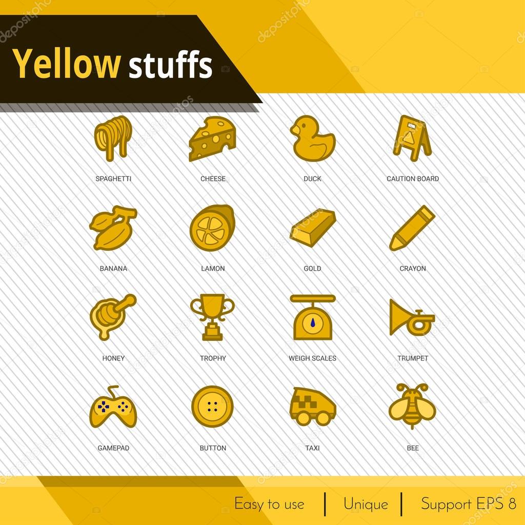 Yellow vector icons set on white background.  Premium quality outline symbol collection. Stroke vector logo concept, web graphics.