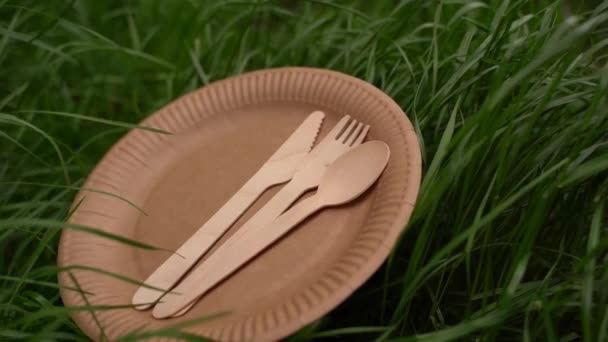 4Kスプーン フォーク ナイフで環境に優しい天然プレート 緑の芝生の背景に使い捨ての生態料理のセット 地球の持続可能性 竹とバガスの繊維で作られた段ボール料理 — ストック動画