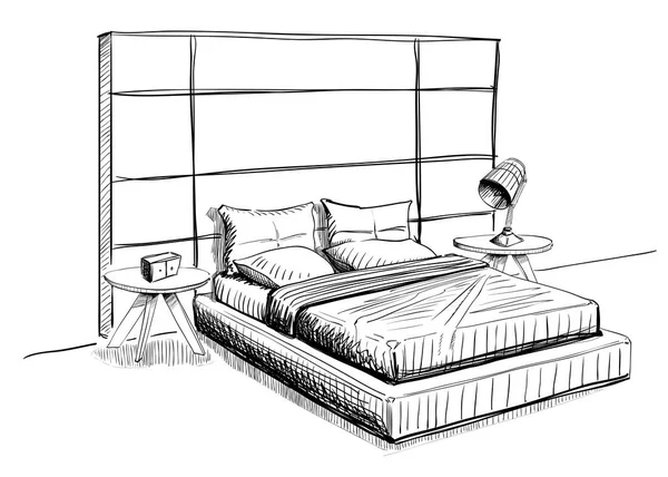Кровать во внутреннем помещении . — стоковый вектор