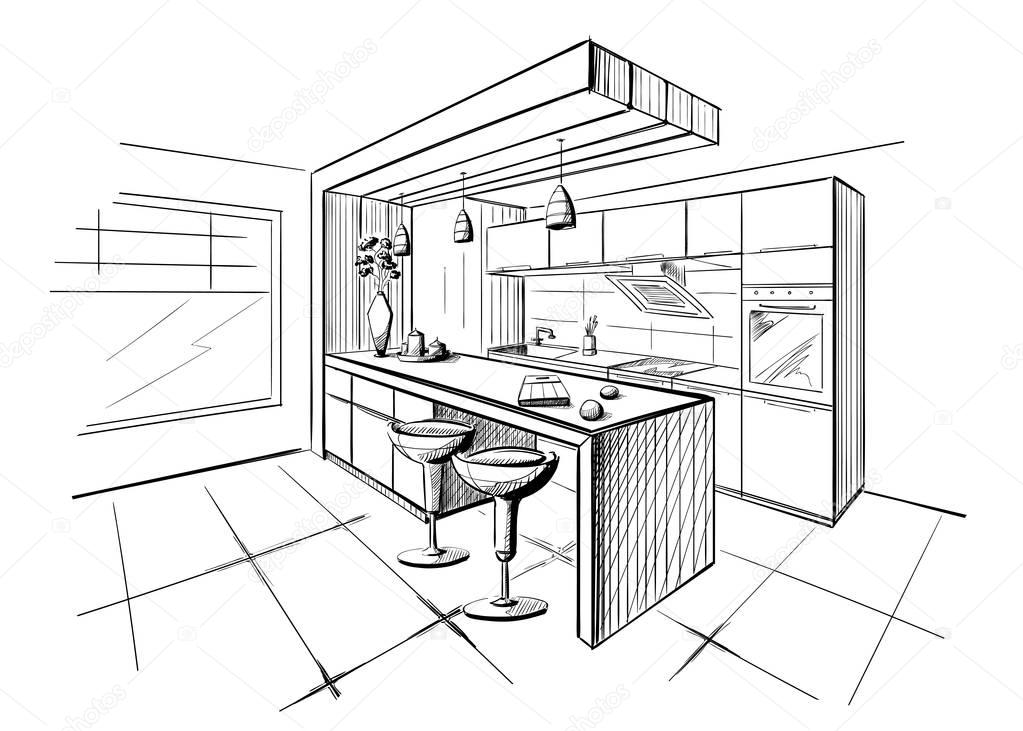 Dibujo interior de cocina moderna con isla — Vector de stock © AVD_88
