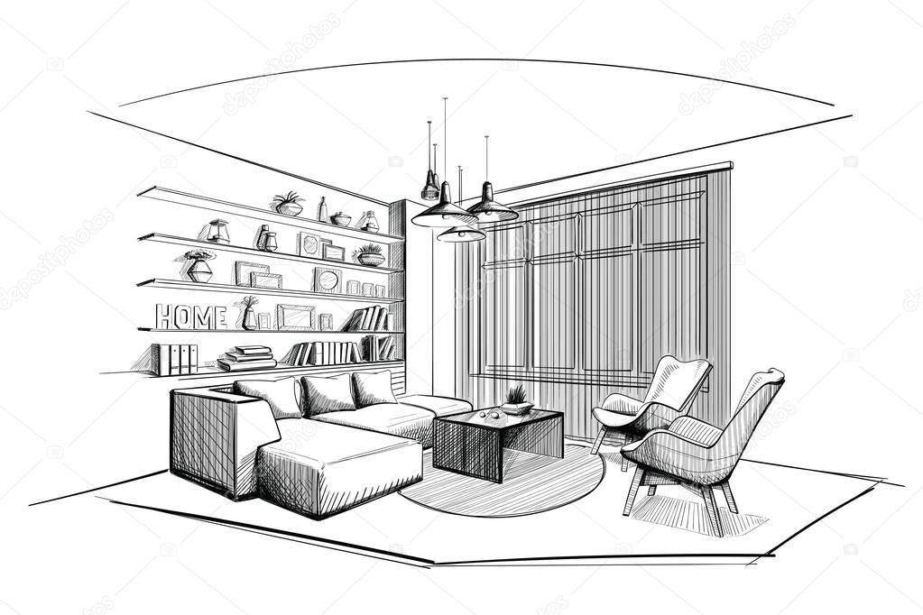 Modern Living room interior sketch.