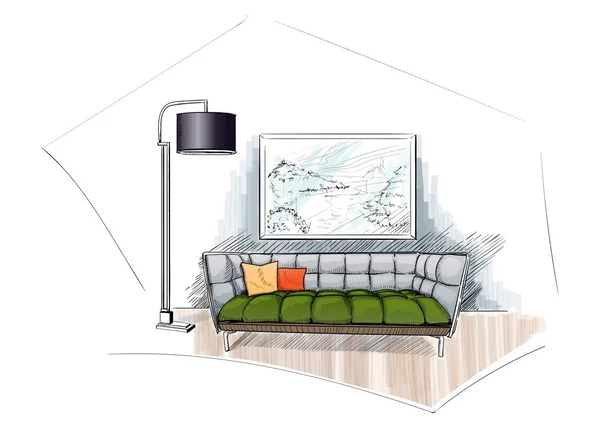 Croquis intérieur confortable du canapé . — Image vectorielle