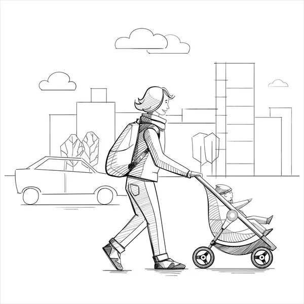 Ilustración Vectorial Madre Hijo Caminando Por Calle — Vector de stock