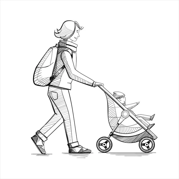 Ilustración Vectorial Madre Hijo Caminando Por Calle — Vector de stock