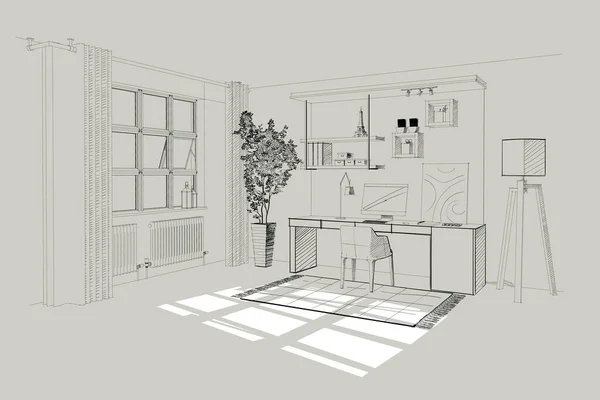 Interior Oficina Del Hogar Boceto — Vector de stock