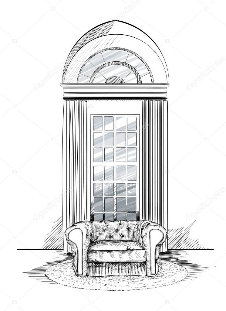 Contemporary modern interior hand drawing vector illustration.