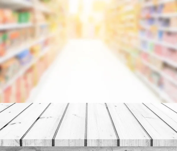 Mesa Madeira Piso Madeira Com Fundo Borrão Supermercado Para Exibição — Fotografia de Stock