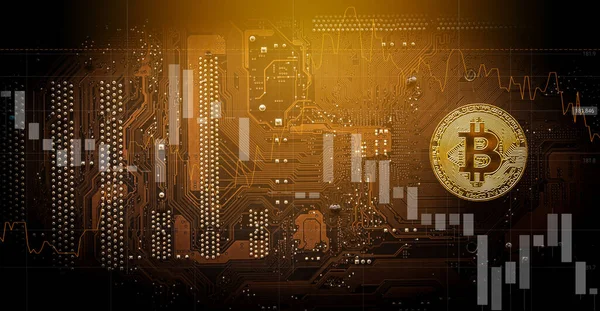 Ticaret grafiği, madencilik ve ticaret bitcoin kavramına sahip bilgisayar ana tahtasındaki altın bitcoin. 