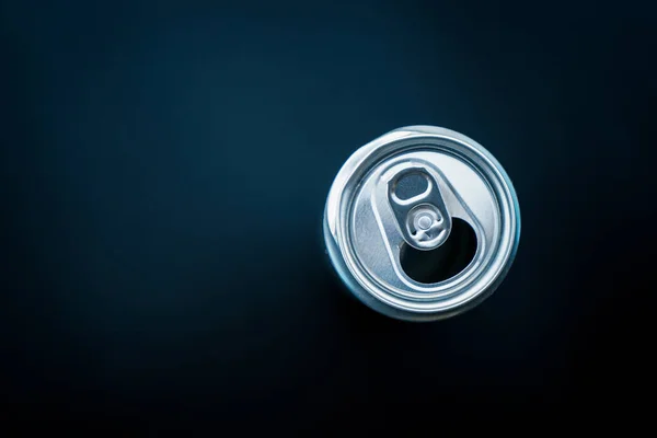 Flat Lay Aluminum Can Opened Black Background Copy Space — Stock Photo, Image