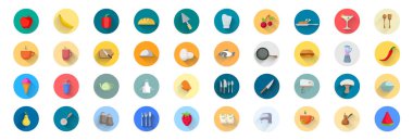 Yemek ikonları. taşınabilir konsept ve web uygulamaları tasarımı için renkli vektör düz simgesi.