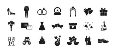 Alyansları, gelin ve damat vektör simgeleri olan düğün simgesi