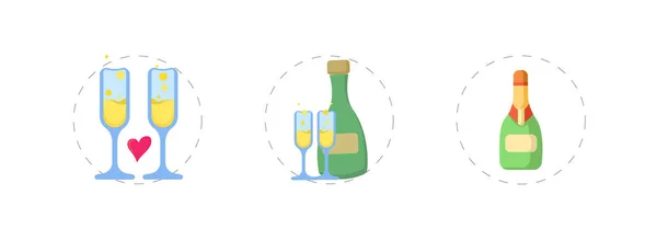 Zestaw ikon do szampana. miłość szampan okulary ikona — Wektor stockowy