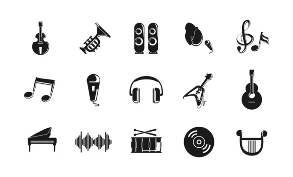 Conjunto de iconos de música con guitarra, batería, auriculares iconos — Vector de stock