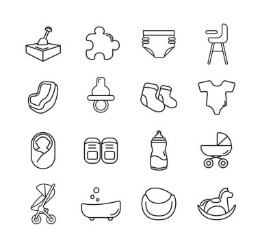 bebek bezi, taşıyıcı, beşik vektör çizgisi simgelerine sahip bebek simgesi seti